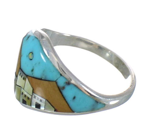 Native American Village Design Southwestern Silver And Multicolor Ring Size 5-3/4 YX77886